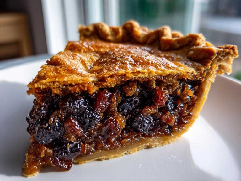 Close-up of a thick slice of mincemeat pie showing the dark, juicy fruit filling and golden, flaky crust.