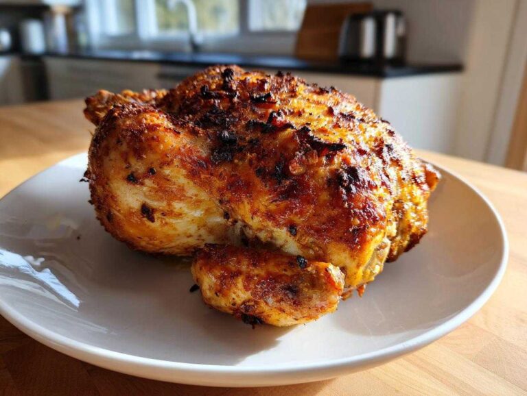 A perfectly roasted whole chicken with deeply browned, crispy skin resting on a white plate.