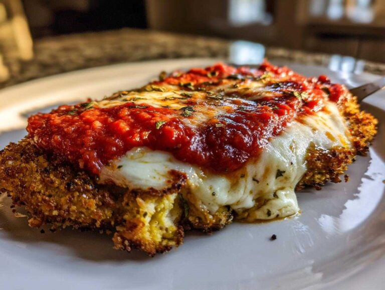 Close-up of a golden-brown, breaded piece of keto chicken parmesan topped with melted mozzarella and marinara sauce.