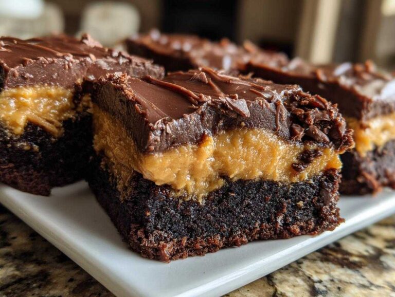 A close-up of rich, three-layer buckeye brownies showing the dark chocolate base, thick peanut butter middle, and chocolate topping.