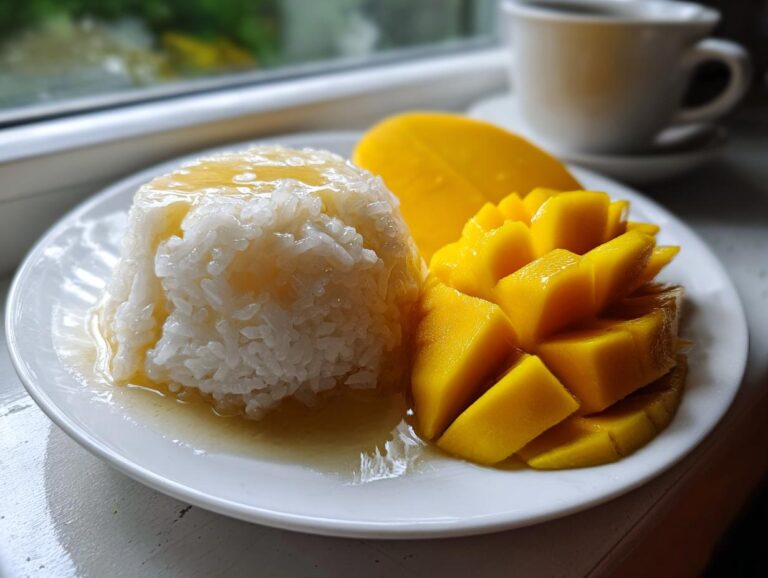 A serving of delicious mango sticky rice, featuring molded sweet rice drizzled with sauce next to perfectly sliced fresh mango.