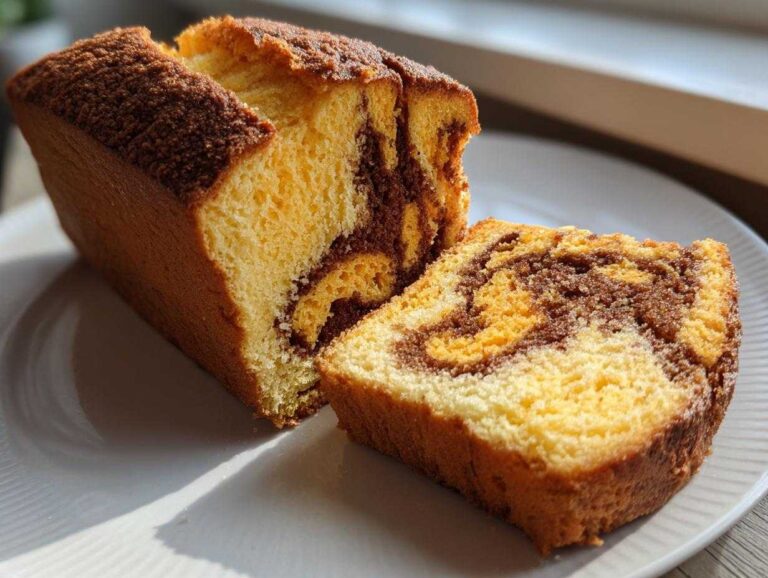 Close-up of a marbled pumpkin sourdough loaf, showing swirls of orange-yellow and chocolate batter, with one slice cut.