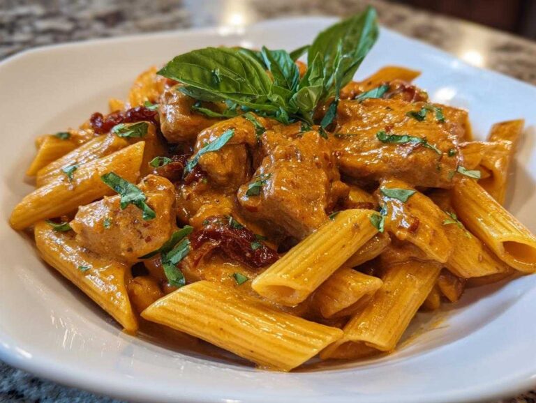 Close-up of a bowl of Marry Me Chicken Pasta featuring penne, creamy sauce, chicken pieces, and basil garnish.