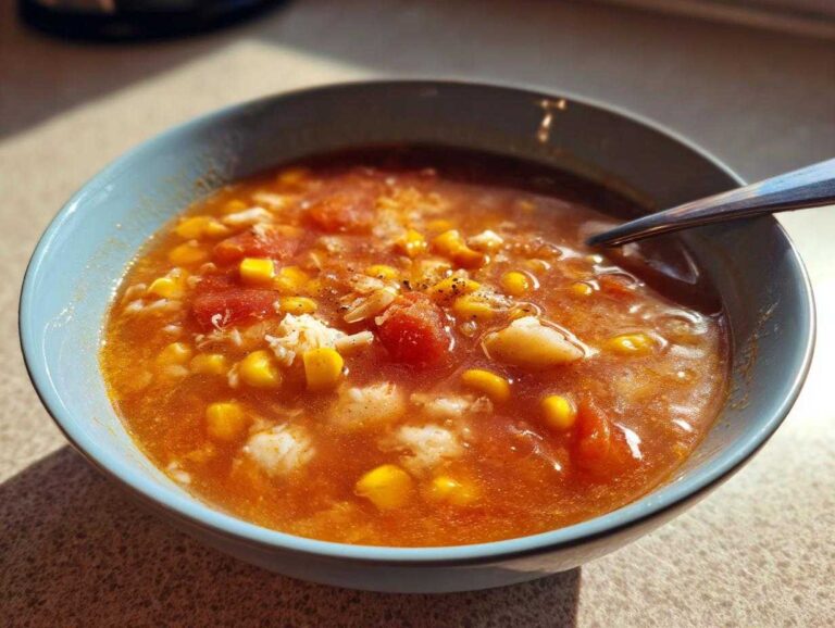 Close-up of a blue bowl filled with rich, tomato-based Maryland crab soup featuring corn kernels and shredded crab meat.