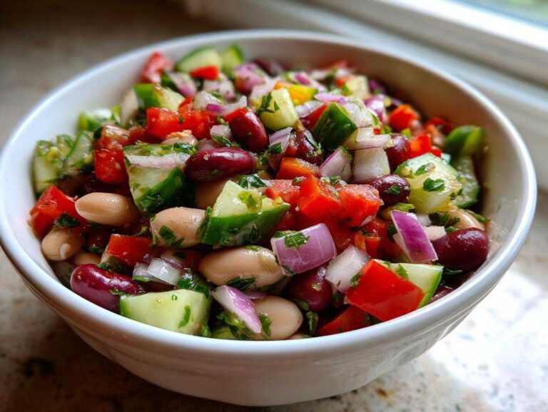 A vibrant bowl filled with a fresh Mediterranean bean salad featuring kidney beans, white beans, cucumber, tomato, and red onion.