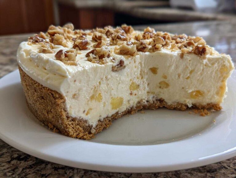 A close-up slice of creamy Million Dollar Pie showing the graham cracker crust, pineapple filling, and pecan topping.