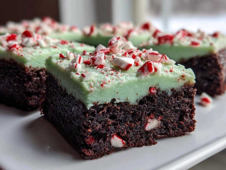A close-up of a rich chocolate peppermint brownies square topped with light green mint frosting and crushed candy canes.