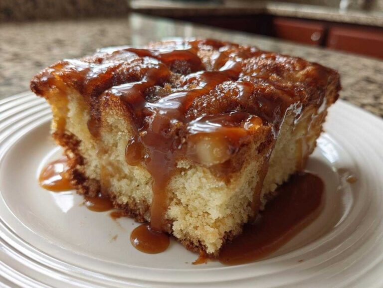 A close-up of a moist slice of apple dapple cake topped generously with a thick caramel sauce.
