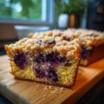 Close-up of a moist slice of blueberry bread featuring a rich yellow crumb and a thick, sugary streusel topping.