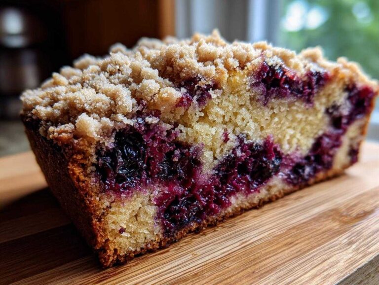 Close-up of a moist slice of blueberry bread featuring a rich layer of baked blueberries and a sugary crumb topping.
