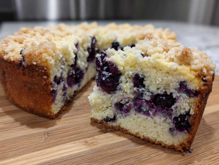 Close-up of a moist blueberry breakfast cake with a thick layer of sugary crumb topping, one slice cut out.