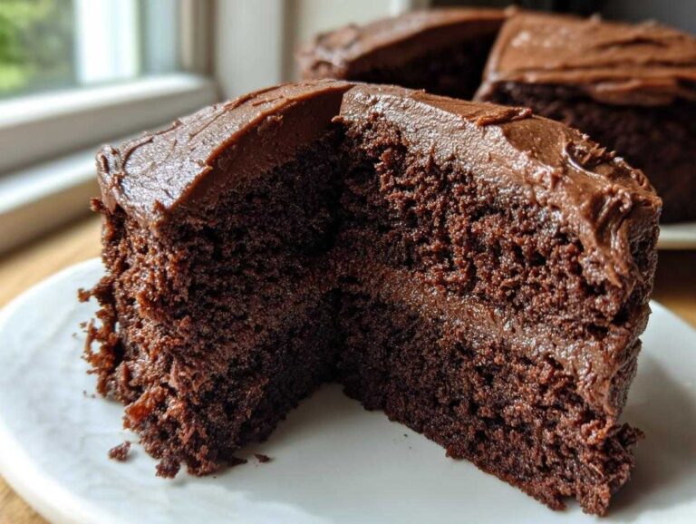 Close-up of a moist slice of rich chocolate cake recipe with thick, dark chocolate frosting.