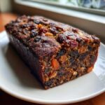 Close-up of a rich, dark fruit cake loaf packed with dried fruits and nuts, resting on a white plate.