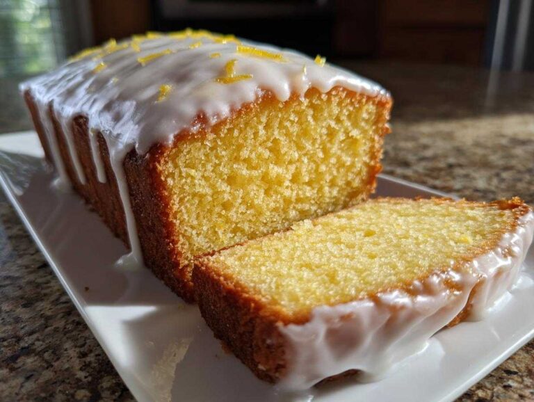 A moist, glazed lemon loaf with one slice cut, showing the bright yellow crumb and lemon zest topping.
