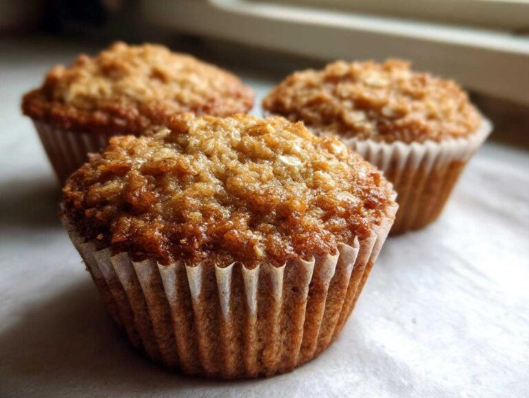 Close-up of three freshly baked, moist oatmeal muffins with golden brown, slightly crunchy tops.