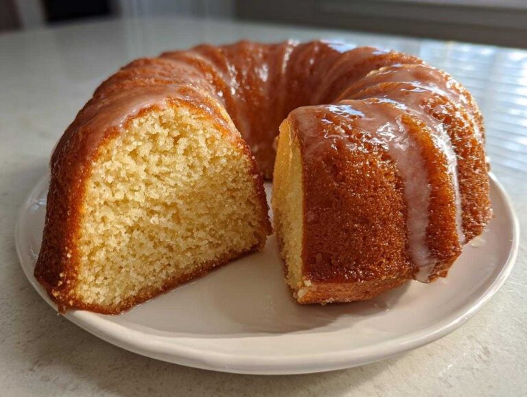A moist, golden-brown bundt rum cake recipe with a slice cut out, showing the dense crumb and shiny glaze.