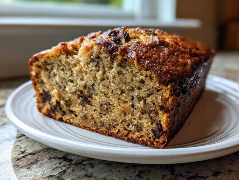 Close-up of a thick slice of moist sourdough banana bread with a dark, caramelized crust on a white plate.