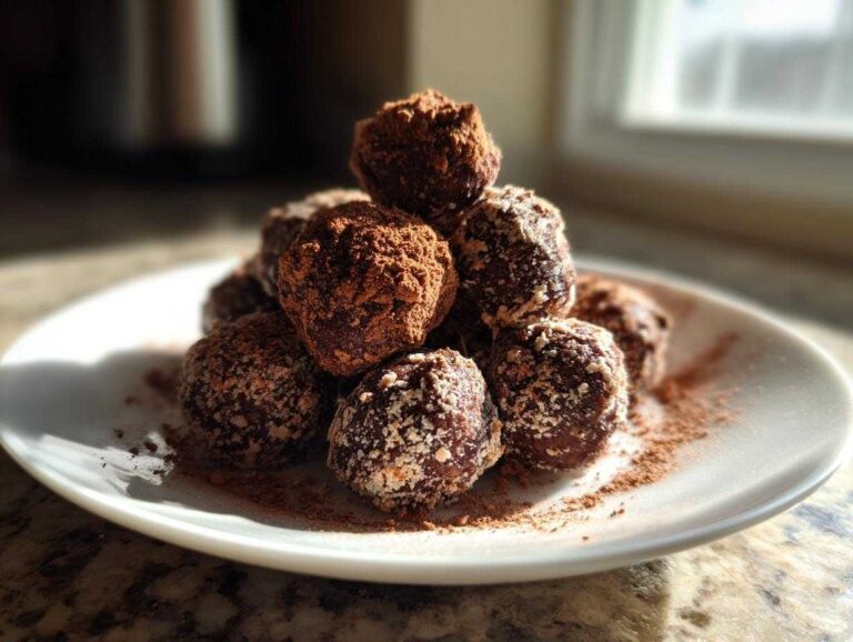 A close-up stack of rich, dark bourbon balls dusted with cocoa powder and powdered sugar on a white plate.