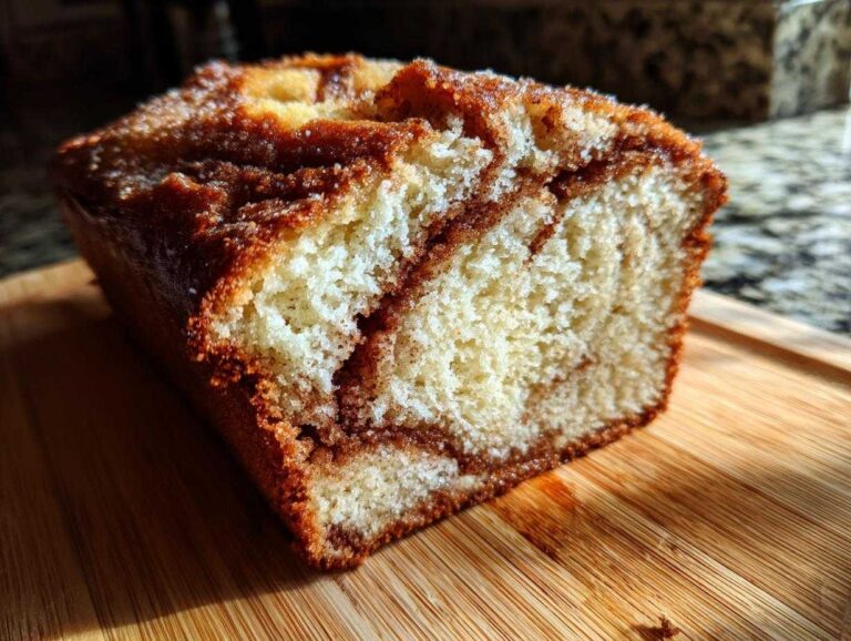 Close-up of a freshly baked cinnamon bread loaf showing the moist interior and cinnamon swirl.
