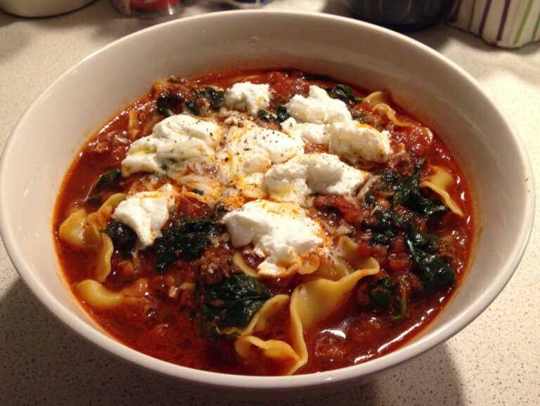 A white bowl filled with rich, red one pot lasagna soup topped with dollops of ricotta cheese and spinach.