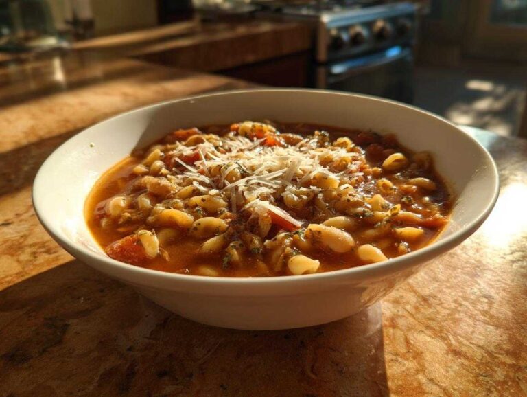 A close-up of a white bowl filled with rich, tomato-based pasta fagioli topped with shredded Parmesan cheese.