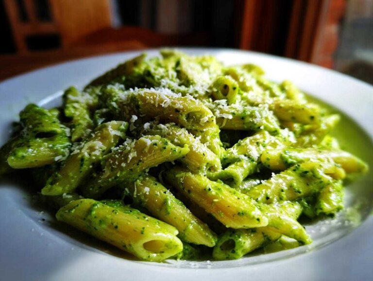 A vibrant close-up of penne pasta coated in bright green pesto pasta sauce, topped with grated Parmesan cheese.