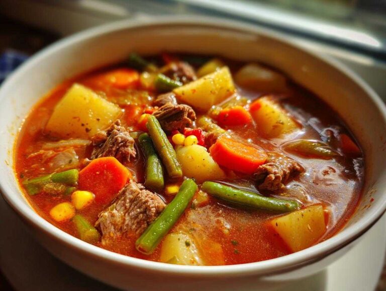 Close-up of a steaming bowl of rich vegetable beef soup filled with potatoes, carrots, green beans, and beef chunks.