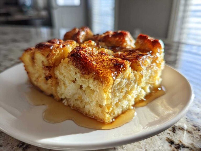 A close-up of a square serving of moist overnight french toast, drizzled generously with maple syrup.