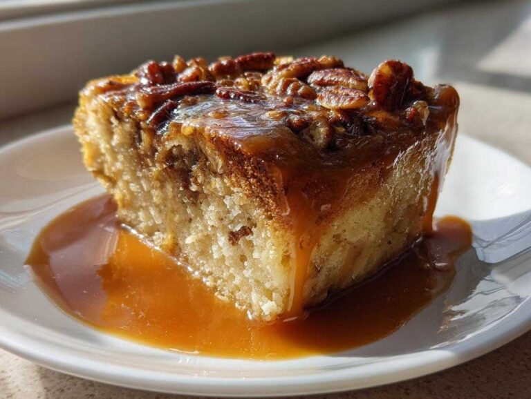 A square serving of pecan pie bread pudding drenched in rich caramel sauce, topped with pecans.