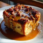 A rich, square serving of pecan pie bread pudding drenched in thick caramel sauce and topped with pecans.