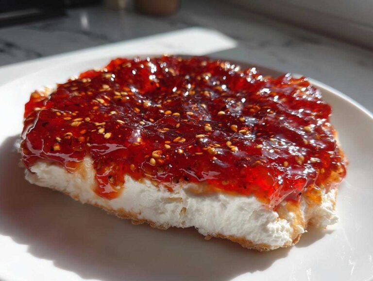 A close-up of creamy cheese topped with glistening red pepper jelly cheese dip, showing seeds throughout.