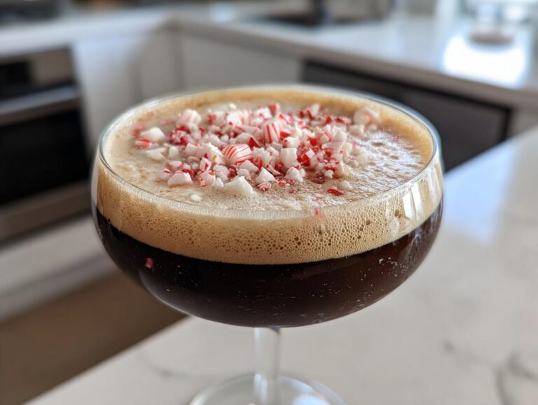 A rich, dark peppermint espresso martini topped with thick foam and crushed candy canes.