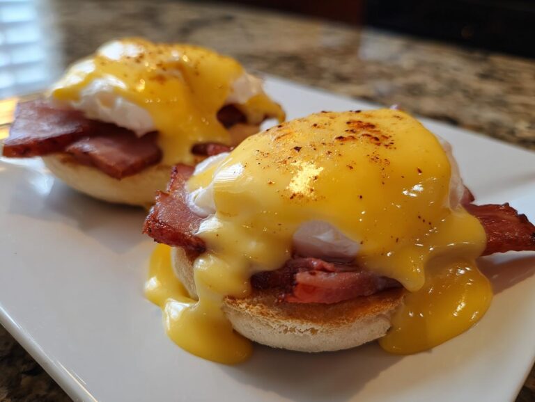 Two servings of classic eggs benedict, featuring poached eggs, ham, and rich hollandaise sauce, served on a white plate.
