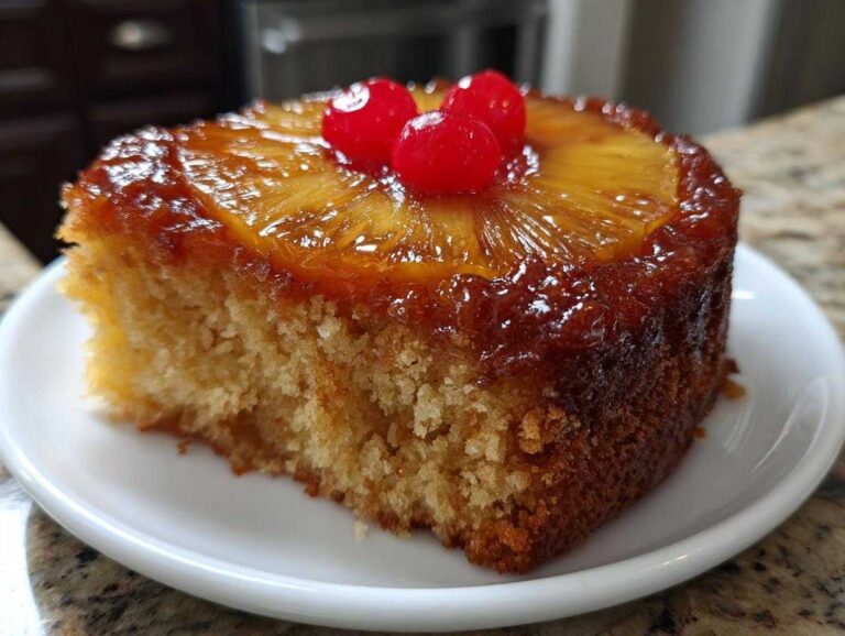 Close-up of a moist slice of pineapple upside down cake topped with caramelized pineapple and cherries.