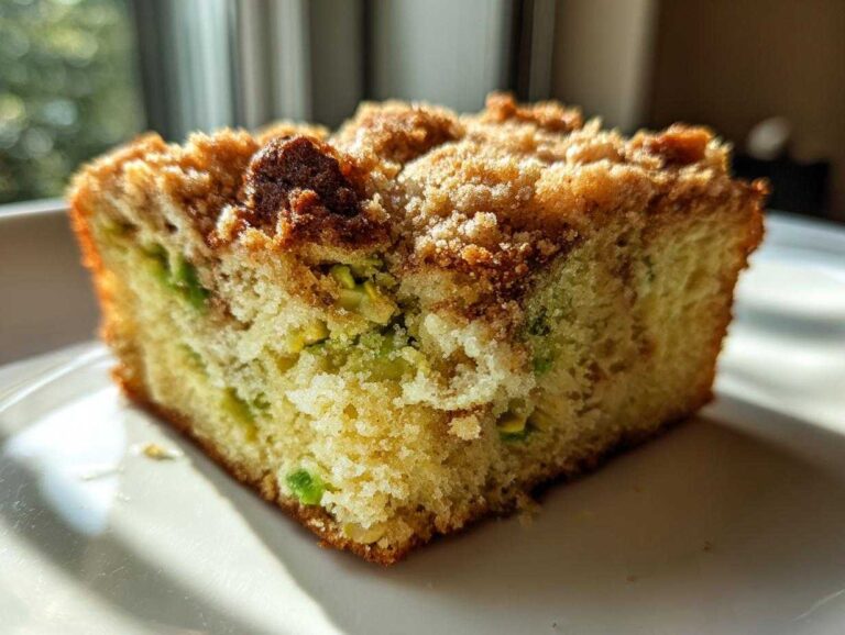 Close-up of a moist slice of pistachio coffee cake featuring visible green pistachio pieces and a golden brown crumb topping.