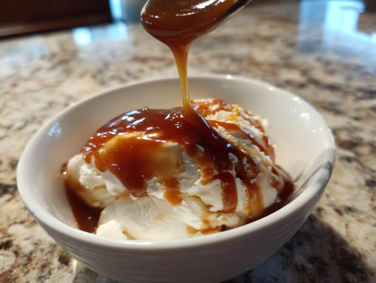 A spoon drizzles thick, rich caramel sauce over scoops of vanilla ice cream in a white bowl.