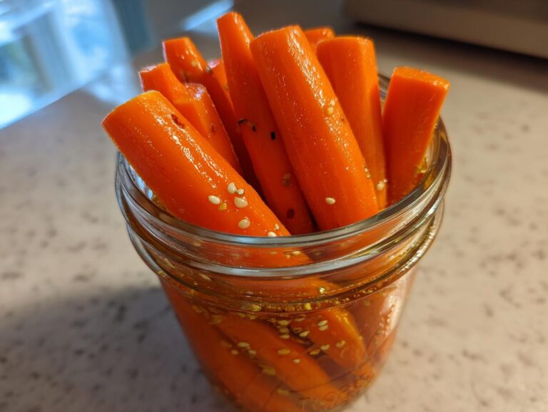 Close-up of bright orange pickled carrots sticks standing upright in a glass jar, seasoned with sesame seeds.