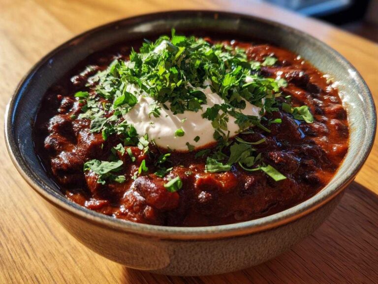 A close-up of a bowl of rich, dark black bean chili topped with a dollop of sour cream and fresh chopped parsley.