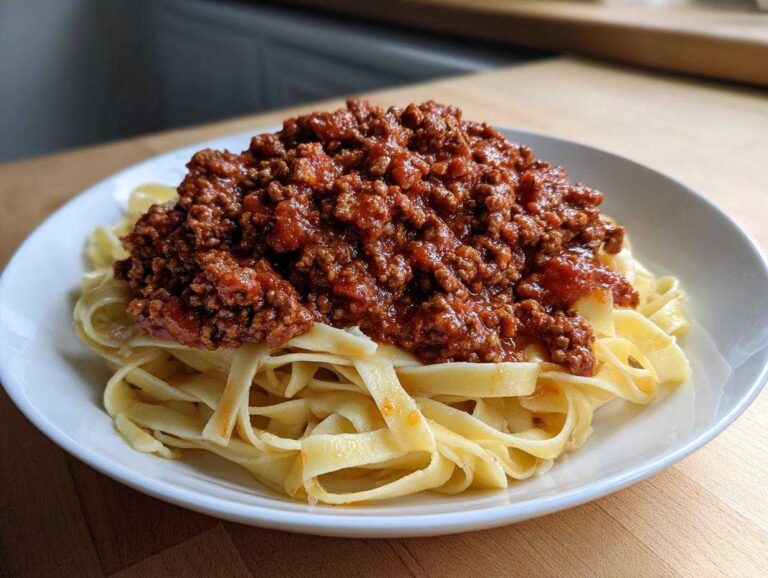A white bowl piled high with fresh tagliatelle pasta topped generously with rich, homemade bolognese sauce.