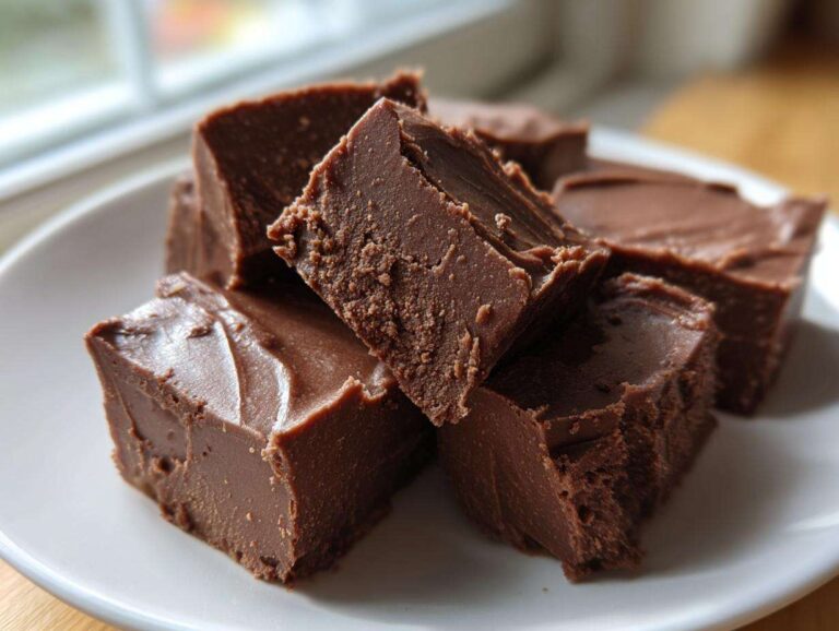 A stack of rich, dark chocolate fudge squares piled on a white plate, showcasing the creamy texture of the fudge.