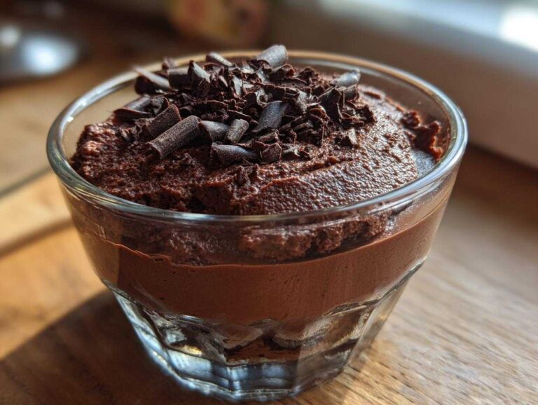 A close-up of rich, dark chocolate mousse served in a small glass, topped with chocolate shavings.