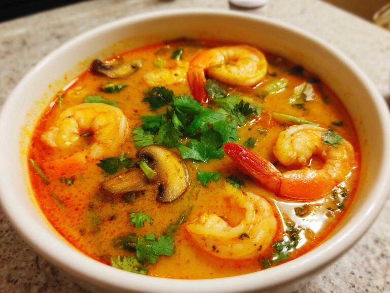 A close-up, overhead view of a white bowl filled with creamy, orange-red tom yum soup featuring large shrimp and sliced mushrooms.