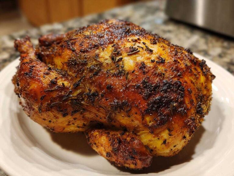 Close-up of a whole roasted spatchcock chicken with deeply browned, herb-crusted skin resting on a white plate.