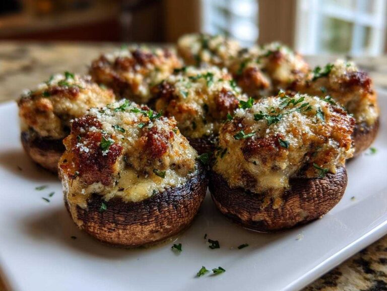 Close-up of baked sausage stuffed mushrooms topped with melted cheese and parsley.
