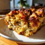 A close-up, appetizing shot of a square portion of golden brown sausage stuffing served on a white plate.