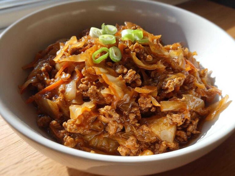 A close-up of a savory egg roll in a bowl mixture with ground meat and cabbage, garnished with green onions.