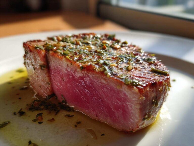 Close-up of a perfectly seared rare tuna steak, showing a bright pink interior and a flavorful herb and garlic crust.