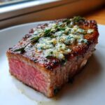 Close-up of a perfectly seared, medium-rare tuna steak topped with melting herb and garlic butter.