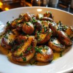 Close-up of perfectly cooked garlic butter mushrooms glistening in sauce and topped with fresh chopped parsley.
