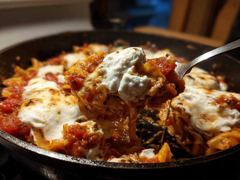 A spoonful of cheesy, saucy skillet lasagna being lifted from the pan, topped with melted mozzarella and ricotta.